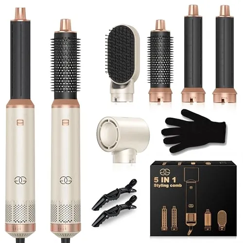 Airstyler 5-in-1 Lockenstab, Golden Goods Hairstyler Set mit Warmluftbürste, Glättbürste, 1000W Haartrockner, Geben Sie Volumen, Glätten, Locken und Föhnen, Rundbürstenföhn