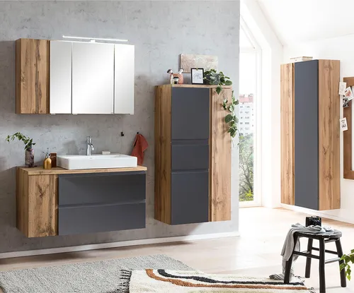 VASTO-03-GREY Badezimmer Möbel Set mit Keramik-Aufsatzbecken und LED