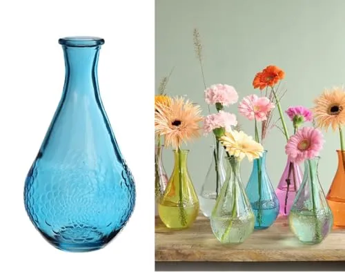NaDeco Glasvase Ø9x16 cm - Vintage Deko-Vase mit Blumenmuster - 8 Farben - Glasflasche für Trockenblumen, Frischblumen & Stabkerzen - Dekovase Retro-Stil, Farbe:Blau