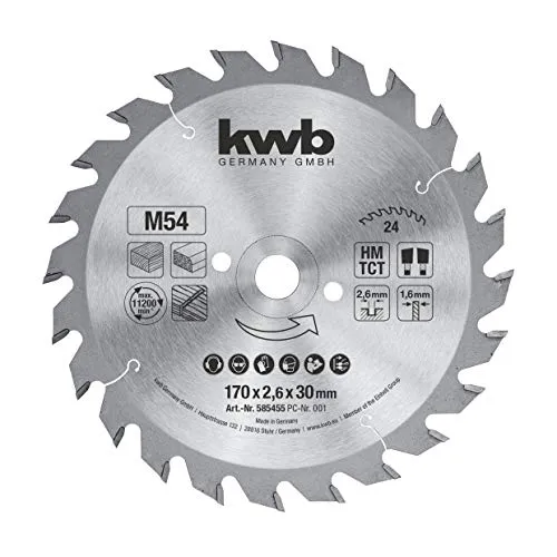 kwb Kreissägeblatt 170 x 30 mm, Made in Germany, schneller Schnitt, Sägeblatt geeignet für Weich- und Hartholz, Tischlerplatten und Spanplatten