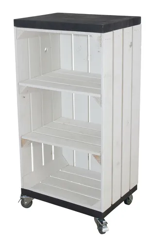 Regal mit 2 Mittelbretter in Weiß und schwarzen Bohlenbrett, auf Rollen 79x40x31