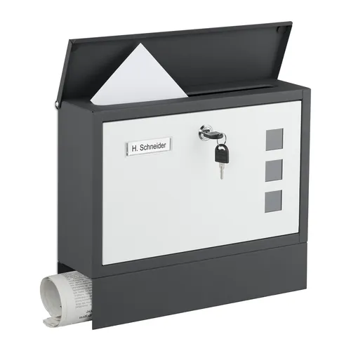 relaxdays Briefkasten mit Zeitungsfach, Anthrazit - Moderner Wandbriefkasten aus pulverbeschichtetem Eisen mit Sichtfenster und Zylinderschloss für sichere Postaufbewahrung. Inklusive praktischer Zeitungsröhre für einfache Entnahme.