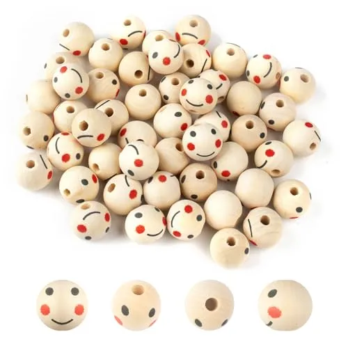 SUTOUG 50 Stück Smile Face Holzperlen, 20 mm Holzkugeln, runde Puppenkopfperlen mit 5 mm Lochabstandsperlen für DIY-Armband, Makramee, Halskette, Schmuck, Puppe