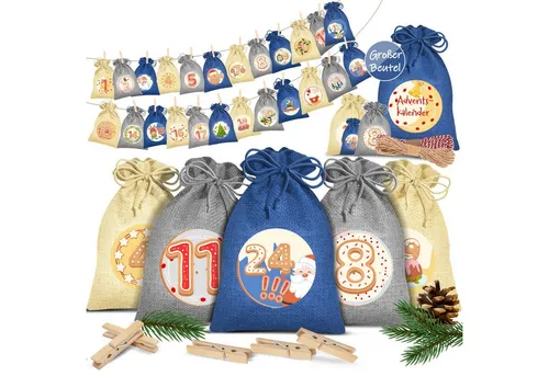 KESSER Adventskalender zum Befüllen - Adventskalender mit 24 bedruckten Jutebeuteln, ideal für kreative Geschenke, inkl. Zubehör wie Holzklammern und Leinen – für eine individuelle und unvergessliche Adventszeit.