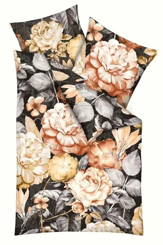 JACK by Kaeppel Fein Biber Bettwäsche 2 TLG. 135x200cm Serena Anthrazit Oliv Rosen Blumen, Farbe:Anthrazit