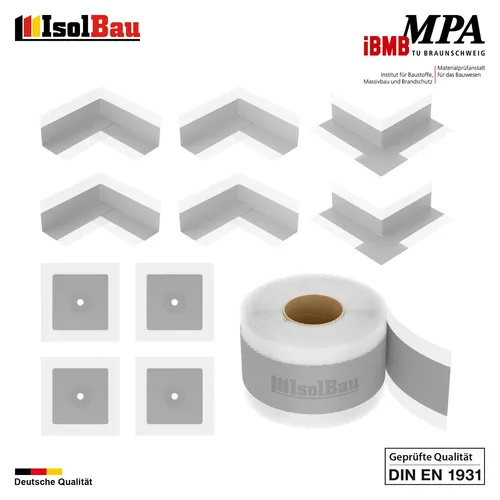 Isolbau Bandset Dichtset 50m für Bad und Dusche - Komplettes Dichtset mit 50m Dichtband und verschiedenen Manschetten. Hochreißfest und flexibel, ideal für Badezimmer und Duschen. Geprüfte Qualität gemäß DIN EN 1931.