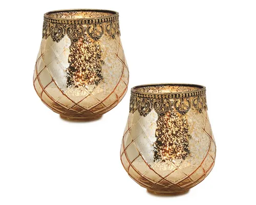 matches21 HOME & HOBBY Kerzenhalter Vintage Kerzengläser Set Outdoor Windlicht Laternen gold 18 cm (2 St), Moderner Glas Teelichthalter als Kerzenständer Tisch-Deko Balkon