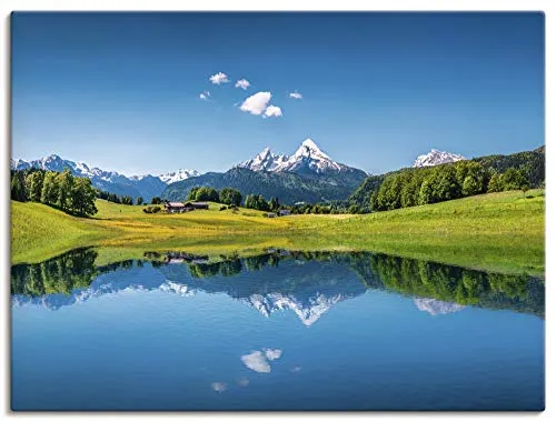 ARTLAND Wanddeko Leinwand Bilder Wandbild 60x45 cm Landschaften Berge Fotografie Blau Landschaft in den Alpen T9QB
