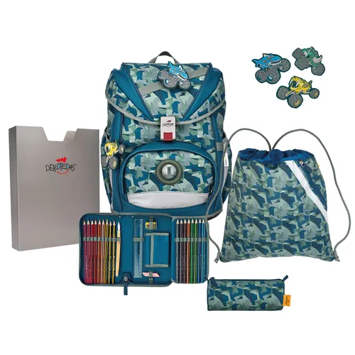 DerDieDas ErgoFlex Schulranzenset 5-teilig Monster Truck - Schulranzen Set mit ergonomischem Design für besten Tragekomfort, inklusive farblich passendem Schlampermäppchen und Sportbeutel – ideal für aktive Schulanfänger!