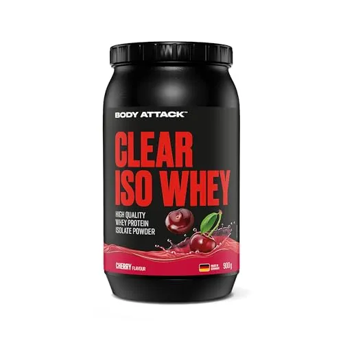 Body Attack CLEAR ISO WHEY - Cherry Flavour - 900g - Molkenproteine mit 24 g Protein und 11.400 mg EAAs pro Shake, zucker- und fettfrei für effektiven Muskelaufbau. Made in Germany für höchste Qualität!