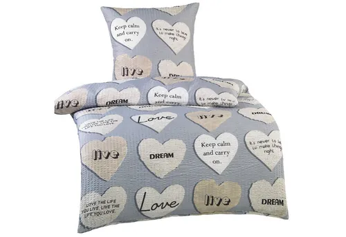 KH-Haushaltshandel Bettwäsche Seersucker Bettwäsche 135x200 +80x80cm, grau beige schwarz, Seersucker, 2 teilig, Herzen mit Schriftzügen(Love dream), bügelfrei