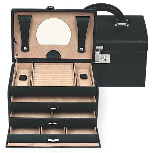 Windrose Schmuckkoffer Beluga schwarz aus Leder - Eleganter Schmuckkoffer Beluga in Schwarz aus hochwertigem Leder, ideal zur stilvollen Aufbewahrung und Präsentation Ihrer Schmuckstücke.