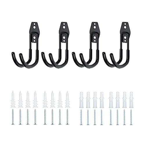 FLYAMAPIRIT Garagen-Aufbewahrungshaken Schwere Eisen-Wandhalterungen Doppelhaken Gerätehalter 4 Stück Wandhalterungen für Elektrowerkzeuge, Fahrräder, Leitern, Seile, Schläuche usw.