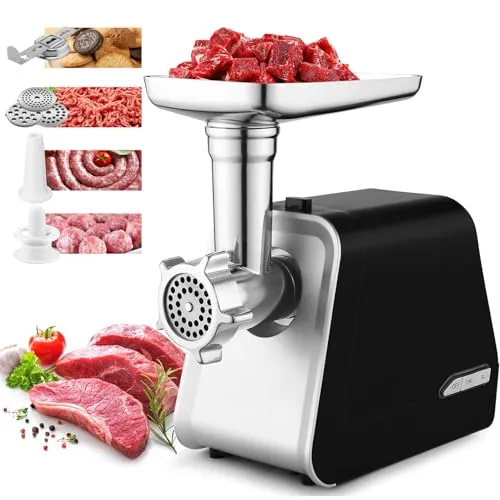 COOCHEER Fleischwolf Elektrisch, 2000W Fleischwolf Hackfleischmaschine mit 3 Lochscheiben, Wurst- und Kibbe-Aufsätzen für Heimische Küche Fleisch, Babynahrung