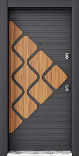 Grau-Braune Designer Metalltür für Hotel und Wohnung - Moderne Kompletttür mit stabiler Aluminium-Bodenschwelle und 3-dimensional verstellbaren Bändern. Ideal für den professionellen Einsatz, inklusive Stoßgriff und Zylinder mit Not-Gefahrfunktion.