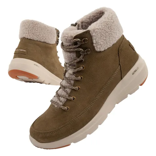 Skechers Glacial Ultra-Woodlands Damen Wintersportschuhe - Stilvolle Winterstiefel in Grün aus Wildleder, ideal für kalte Tage – EU-Größe 36,5, flacher Absatz, mit praktischer Schnürung.
