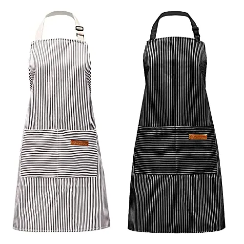 Pinsheng 2 Stücke Gestreiftes Gitter Baumwolle Schürze, Kochschürze mit Taschen für Kochen Backen Gartenarbeit, Verstellbare Schürze für Kochen Gaststätte Garten(Schwarz, Grau)