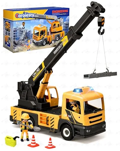 Coroiesty Kran Spielzeug LKW mit Ausfahrbarem Kranarm & Soundmodul, Große Kranwagen, Licht & Sirene, Baufahrzeug mit Seilwinde zum Zusammenbauen (Batterien Nicht enthalten)