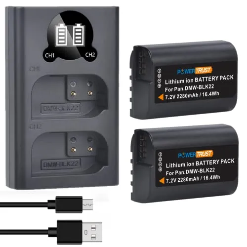 PowerTrust 2Pcs 2280mAh DMW-BLK22 Akku und LED Dual Ladegerät für Panasonic LUMIX DC-S5, S5II,S5 IIX, S5K,S5M2,GH5 II, GH5 Mark II,GH6