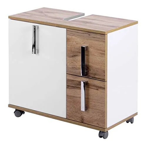 Schildmeyer Waschbeckenunterschrank Luca 135873 - Waschbeckenunterschrank aus feuchtigkeitsbeständigem MDF, mit viel Stauraum und praktischem Siphonausschnitt. Auf Rollen für einfache Mobilität, ideal für Ihr modernes Badezimmer.