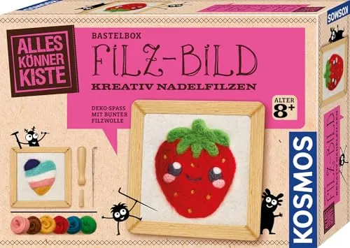 Kosmos 605704 Filz-Bild Bastelbox Kreativ Nadelfilzen, mit süßen Motivvorlagen Herz + Erdbeere, für Mädchen und Jungen, Filzen für Kinder ab 8 Jahre, Filz Basteln, für Anfänger geeignet