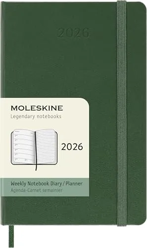 Moleskine Wochenplaner, Wochenagenda 2026 12 Monate mit Platz für Notizen, mit festem Einband und Gummibandverschluss, Pocket-Format 9x14, Farbe Grün