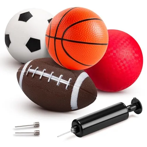 INPODAK 4er-Pack Sportbälle Bälle als Fußball Spielball Basketball und Rugbyball PVC Babyball mit Handpumpe Sports Balls für Kleinkinder babyspielzeug ab 1 Jahr Geschenke für Kleinkinder