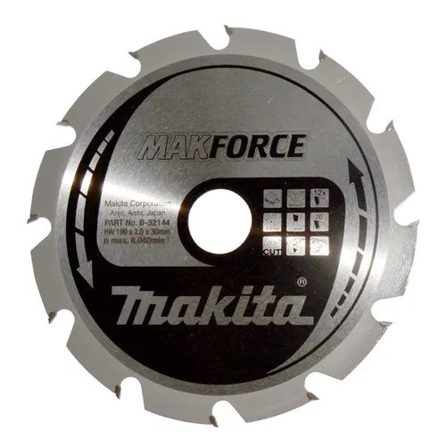 Makita MAKFORCE B-32144 Hartmetall Kreissägeblatt 190 x 30 x 1.4mm - Zubehör Elektrowerkzeuge – Hochwertiges Hartmetall-Sägeblatt mit 12 Zähnen für präzise Schnitte und geringe Abnutzung, ideal für Handkreissägen.