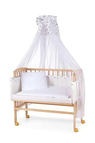 Waldin Baby Beistellbett mit Matratze und Stoffen, Höhen-verstellbar, Große Liegefläche 90x55cm, Holz Natur, Sterne/Grau