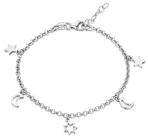 Amberta Damen Fußkettchen mit Anhängern aus 925 Sterling Silber: Monde und Sterne - 22 + 4 cm