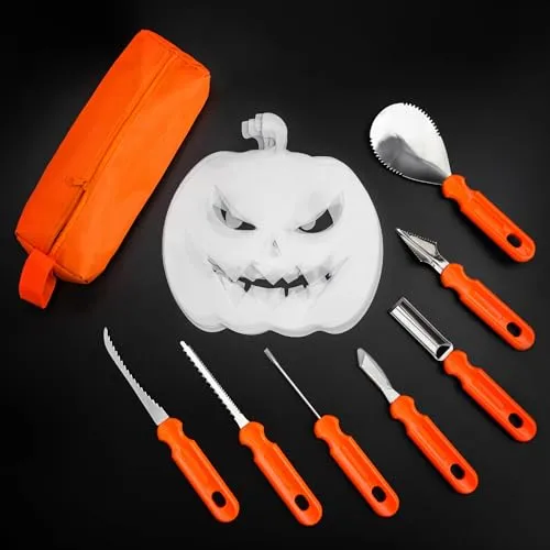 PRECORN Halloween Kürbis Schnitzset Schnitzwerkzeuge - 7-teiliges Werkzeugset mit 6 Kürbisschnitz Vorlagen für Kürbisschnitzen Familien-Spaß Dekoration