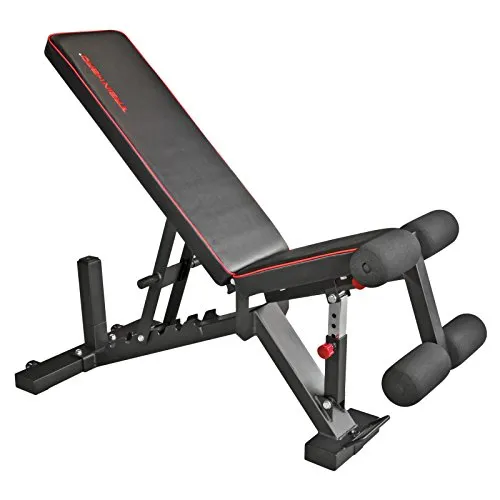 Train Hard® Premium Hantelbank verstellbar als Flachbank Schrägbank Negativbank mit Bein-Fixierung und Transportrollen, 7,5 cm extra dicke Polster, belastbar bis 450kg