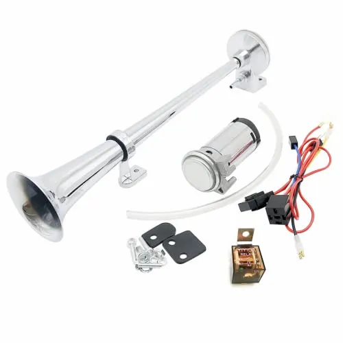 YIYIDA Autohupe Lufthupe 12V Car Horn 150DB Hupe 45cm Autolautsprecher Silber Chrom Zink Einzeltrompete Superlaute Hupe mit Luftpumpen-LKW-Hupe Air Horn für jedes 12V Fahrzeug LKW Car Van SUV Boot usw