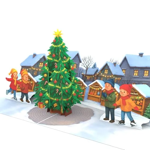 LIMAH® Pop-Up Karte Weihnachtsmarkt - 3D Weihnachtskarte mit Weihnachtsbaum und Marktständen für Familie, Freunde, Kinder & Kollegen - Grußkarte, Klappkarte mit Weihnachtsdorf