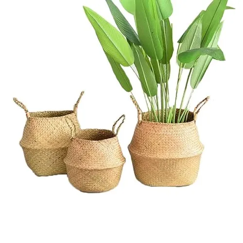 Natürlicher Seegras Korb mit Griff 3 Packung, SZETOSY Handgewebt Klappbares Dekor Lagerung/Waschkorb, 27x24cm, 32x28cm, 36x32cm