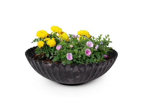 matches21 HOME & HOBBY Blumentopf Runde Pflanz-Schale gewellt für draussen schwarz marmoriert 22 cm (1 St), Wetterfeste Blumen-Schale als moderne Outdoor Gartendeko Grabschmuck