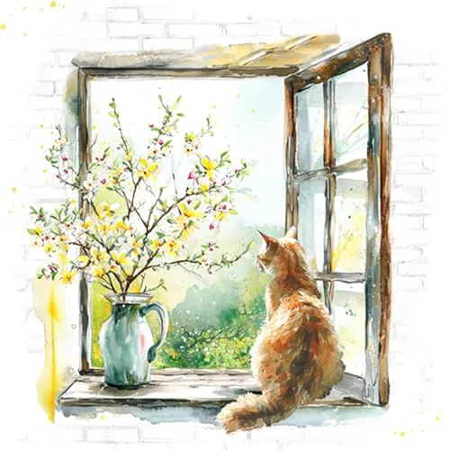 Servietten Natur Katze am Gartenfenster als Tischdeko. Papierservietten mit Motiv. Auch für Decoupage und Serviettentechnik 33x33cm 20