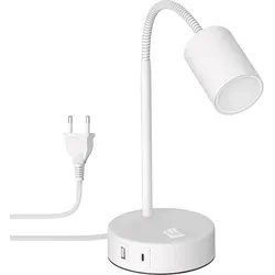 Tischleuchte WAIKA, weiß mit USB-A & USB-C - Moderne Tischleuchte mit 3-Stufen-Dimmer und GU10 LED Lampe (5,8W, 500lm). Flexibler Hals für gezielte Lichtausrichtung und integrierte Ladeoptionen für Ihre Geräte.