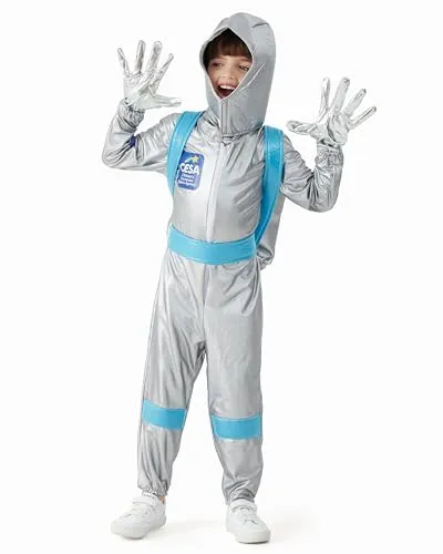 Kinder Astronaut Kostüm – silberner Raumanzug mit Helm & Jetpack – Weltraum Kostüm für Jungen & Mädchen – Space Suit Verkleidung für Fasching, Karneval & Halloween (Astronaut/in - Silber, 140/146)