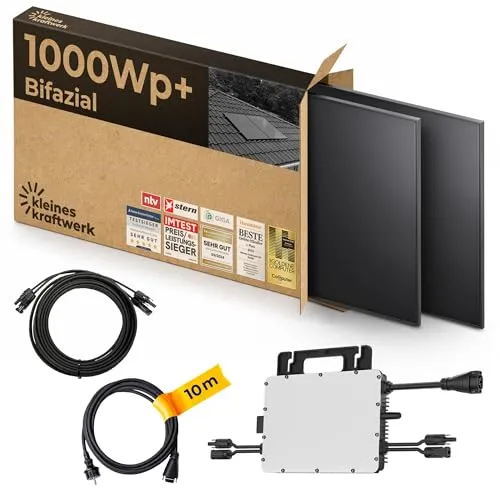Kleines Kraftwerk 1000W Balkonkraftwerk XL mit Ziegeldach-Halterung - Starte deine Energiewende mit diesem kompakten Balkonkraftwerk: 2x500W bifaziale Solarmodule und 800W Wechselrichter für maximale Effizienz. Ideal für nachhaltige Stromproduktion ohne bürokratische Hürden!