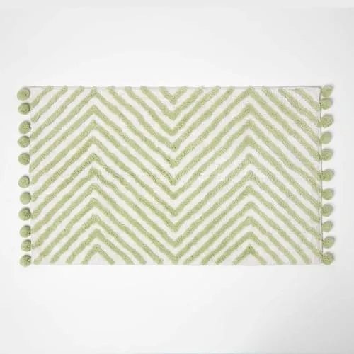 Homescapes Grüne Badematte Zickzack 50x80 cm - Badematte im Chevron-Design mit Pompons, aus 100% Baumwolle, super saugfähig und rutschhemmend, ideal für stilvolle Badezimmer.