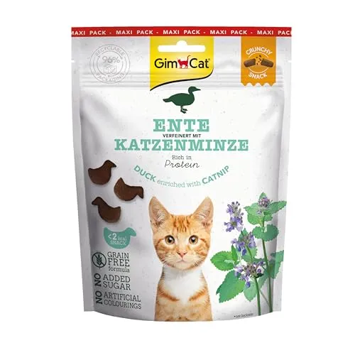 GimCat Crunchy Snacks Ente mit Katzenminze - Knuspriges und proteinreiches Katzenleckerli - 1 Beutel (1 x 140 g)