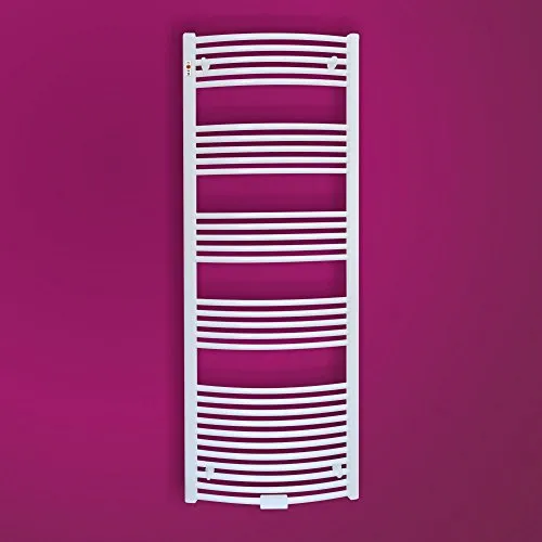 MERT Badheizkörper gebogen, 600*1200 mm - Mittelanschluss - Heizkörper für Bäder, gebogene Form in Verkehrsweiß RAL 9016, bietet hohe Wärmeleistung und ist ideal für zentrale und elektrische Heizsysteme.