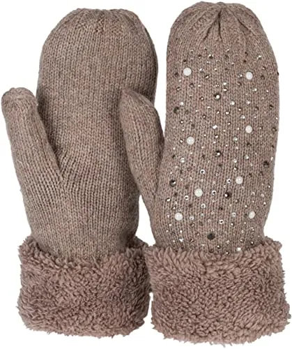 styleBREAKER Damen warme Winter Strick Fäustlinge mit Strass und Perlen, Handschuhe, Thermo Fleece, Strickhandschuhe 09010039, Farbe:Braun