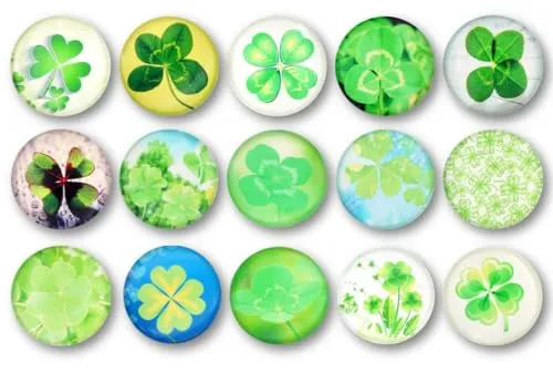 EANAGO Schöne Magnete mit bunter Glasoberfläche -Set mit 15 Stück Motiv >Kleeblatt< - Glücksbringer Durchmesser 30 mm - mit Gummischicht als Oberflächenschutz - Kühlschrank - inkl. Geschenkebox