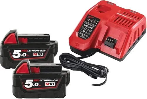Milwaukee M18 NRG-502 Akku Starter Set 18 V - Akku Starter Set für maximale Leistung, inklusive 2x M18 B5 Akku 5,0 Ah und schnellem M12-18 FC Ladegerät – ideal für anspruchsvolle Anwendungen.