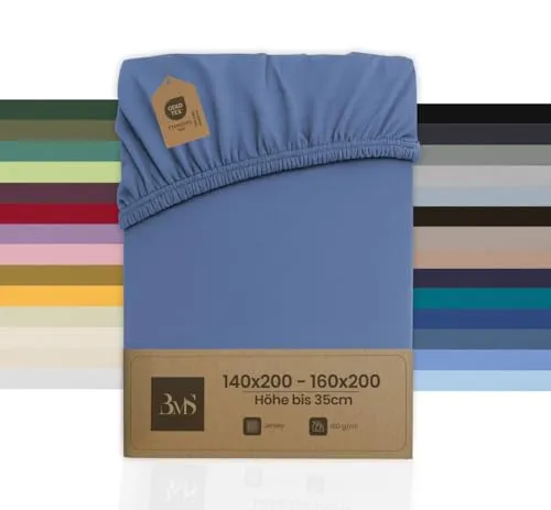 Bettwaesche-mit-Stil Spannbettlaken Jersey Spannlaken Spannbetttuch (140x200-160x200 cm, Matratzenhöhe bis 35cm, Jeans Blau) Gewicht: 180g/m², 90% Baumwolle 10% Elasthan