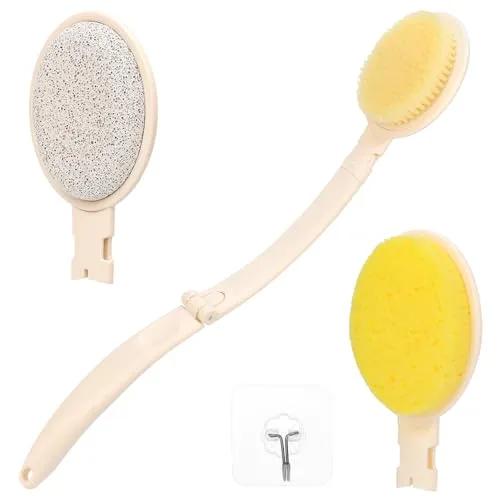 QWORK® Rückenwäscher für die Dusche, Faltbarer Eincremehilfe für Rücken mit langem Griff, mit drei Bürstenköpfen und Haken