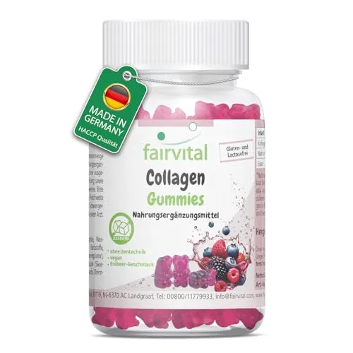 fairvital Collagen Gummies, 60 Stück, 1000mg pro Tagesdosis, mit Natrium & Eisen, Hochdosiert, Zuckerfrei, qualitätsgeprüft und hochdosiert, Made in Germany