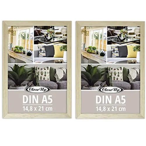 Close Up Bilderrahmen 2er Set DIN A5 (14,8 x 21 cm) | Holzdekor (MDF) Natur mit Rückwand und Aufsteller | PVC-Scheibe (unzerbrechlich) Profilbreite 15 mm